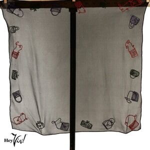 Vintage Sheer Black Scarf w Red Blue Embroidered Purse Design 19x19" - Hey Viv
